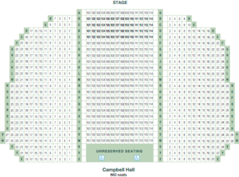 Campbell Hall seating chart showing 680 seats in theater seating, split into 3 large sections facing the stage