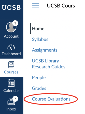 The left side of Canvas has a link to Course Evaluations under Courses.