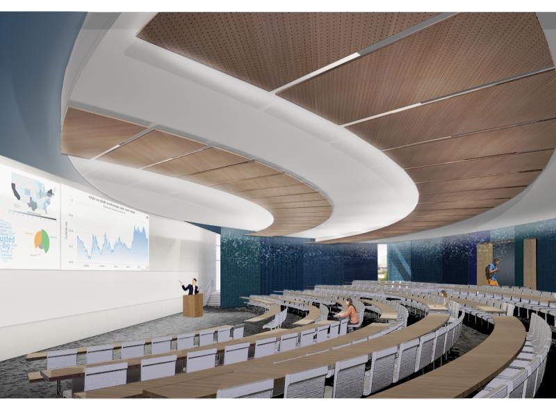 Rendering of lecture halls in the Interactive Learning Pavilion with tables and chairs in wide horseshoe shape
